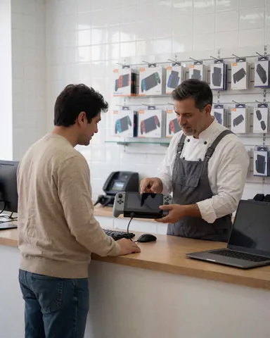 Un technicien montre une console de jeux vidéo réparée à un client dans un magasin avec des accessoires sur des étagères et un comptoir en bois.