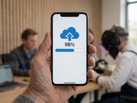 Une main tient un smartphone affichant une charge à 98% dans le cloud, avec un photographe travaillant dans un bureau aux murs en bois clair en arrière-plan.