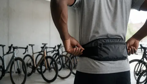 Cycliste ajustant sa ceinture d'hydratation dans un garage avec des vélos de route et des murs en béton, laissant un espace pour le texte.