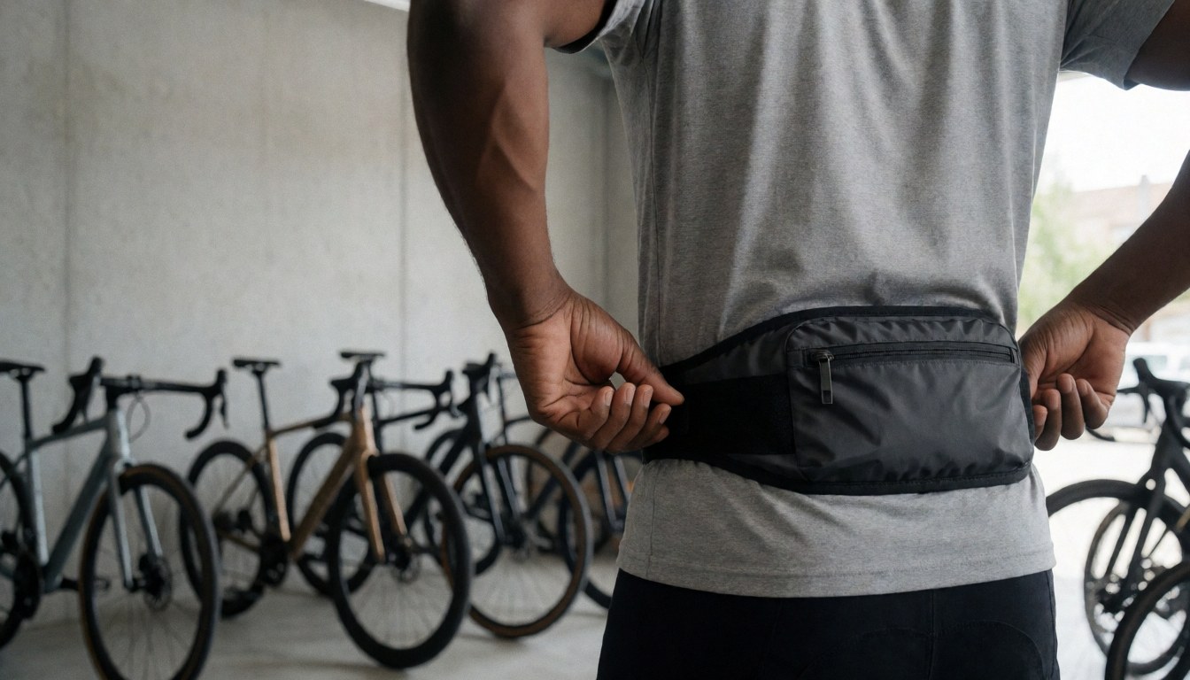 Cycliste ajustant sa ceinture d'hydratation dans un garage avec des vélos de route et des murs en béton, laissant un espace pour le texte.