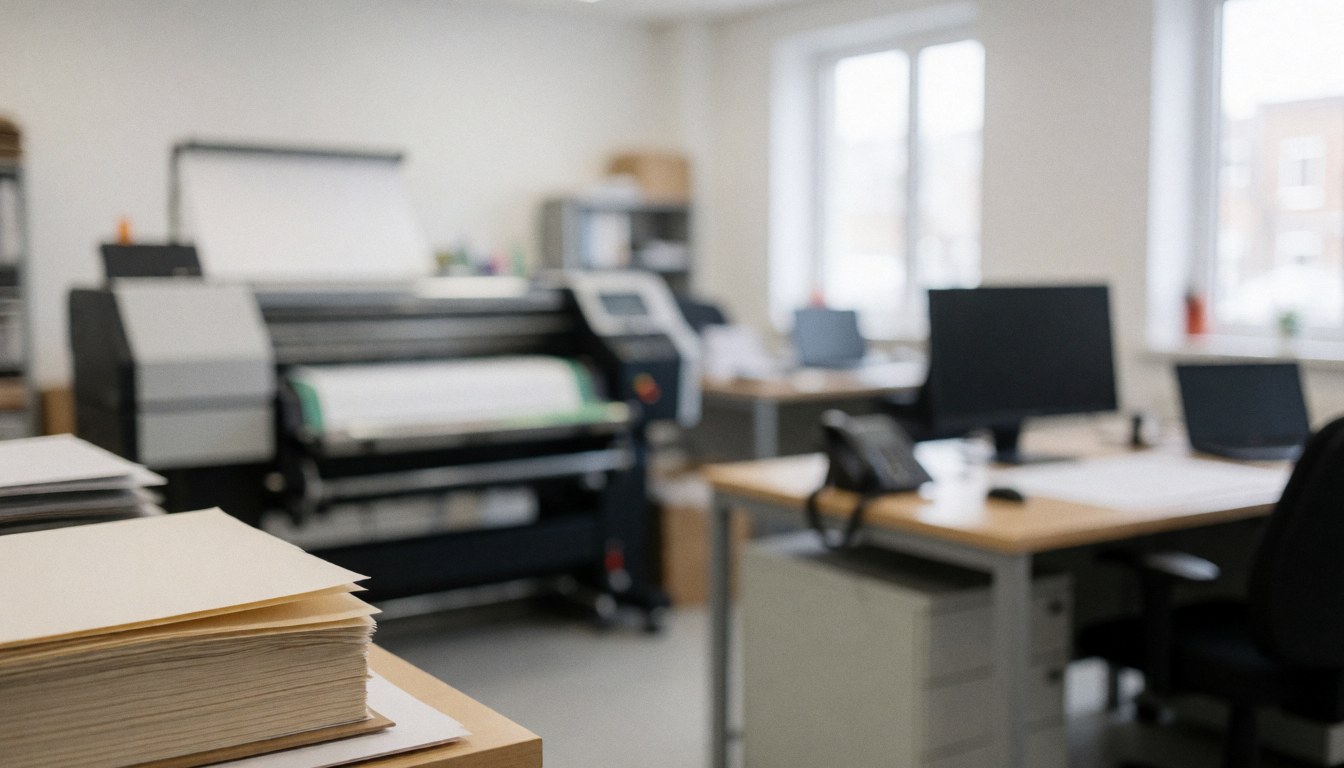 Arrière-plan professionnel d'un bureau d'imprimerie avec une grande imprimante, des piles de papier et des bureaux équipés d'ordinateurs.