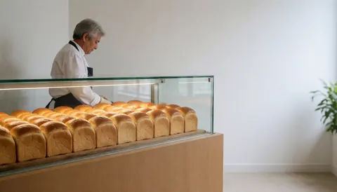 Un boulanger place des pains blancs dans une vitrine en verre. Arrière-plan à murs blancs, éclairage professionnel et espace réservé pour le texte.