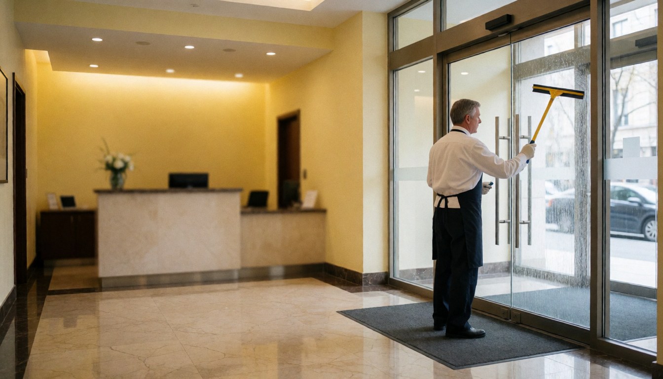 Un employé nettoie une porte vitrée dans le hall d'un immeuble, sur un sol en marol poli avec une réception en arrière-plan.