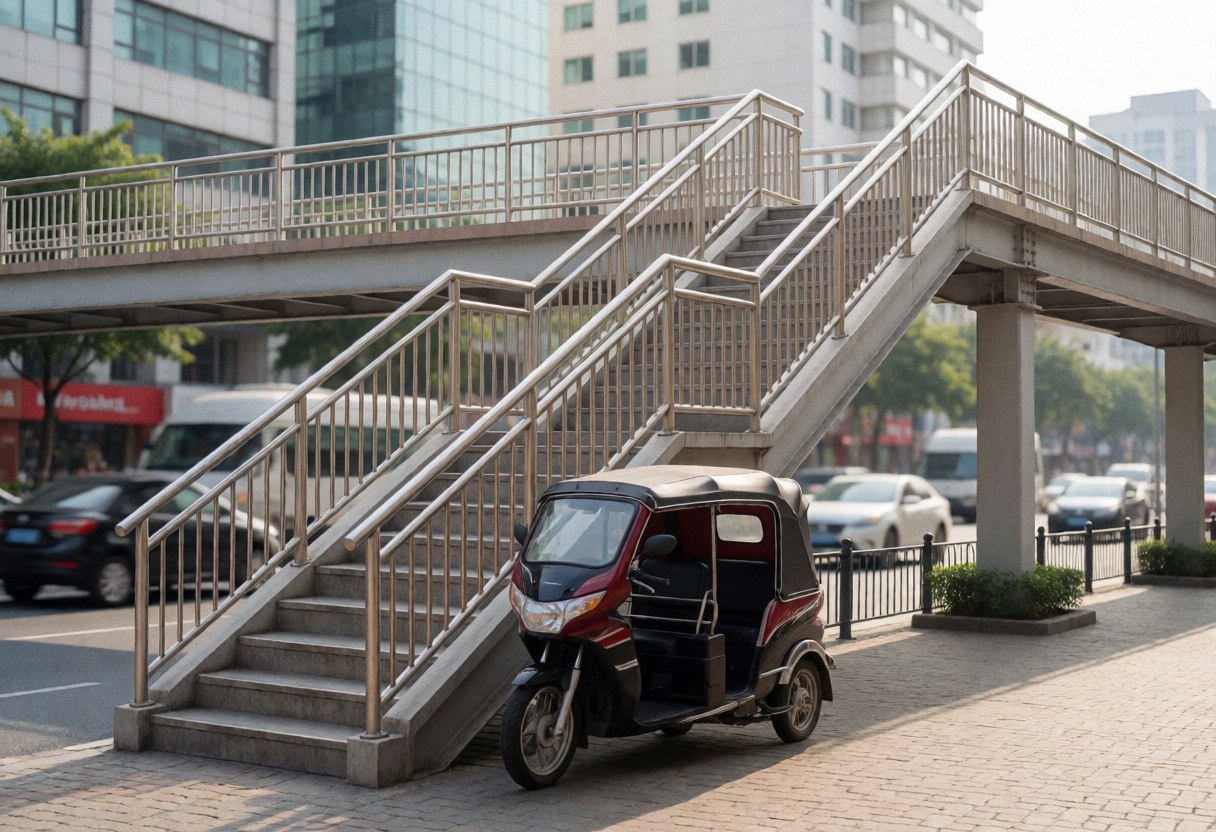 Moto-taxi à trois roues stationné sous un pont piétonnier métallique dans une rue urbaine avec du trafic et des bâtiments en arrière-plan.