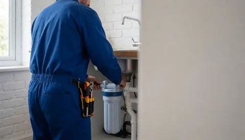 Un plombier en uniforme bleu installe un filtre à eau sous un évier en acier inoxydable, dans une cuisine avec un mur en briques blanches et une lumière naturelle.