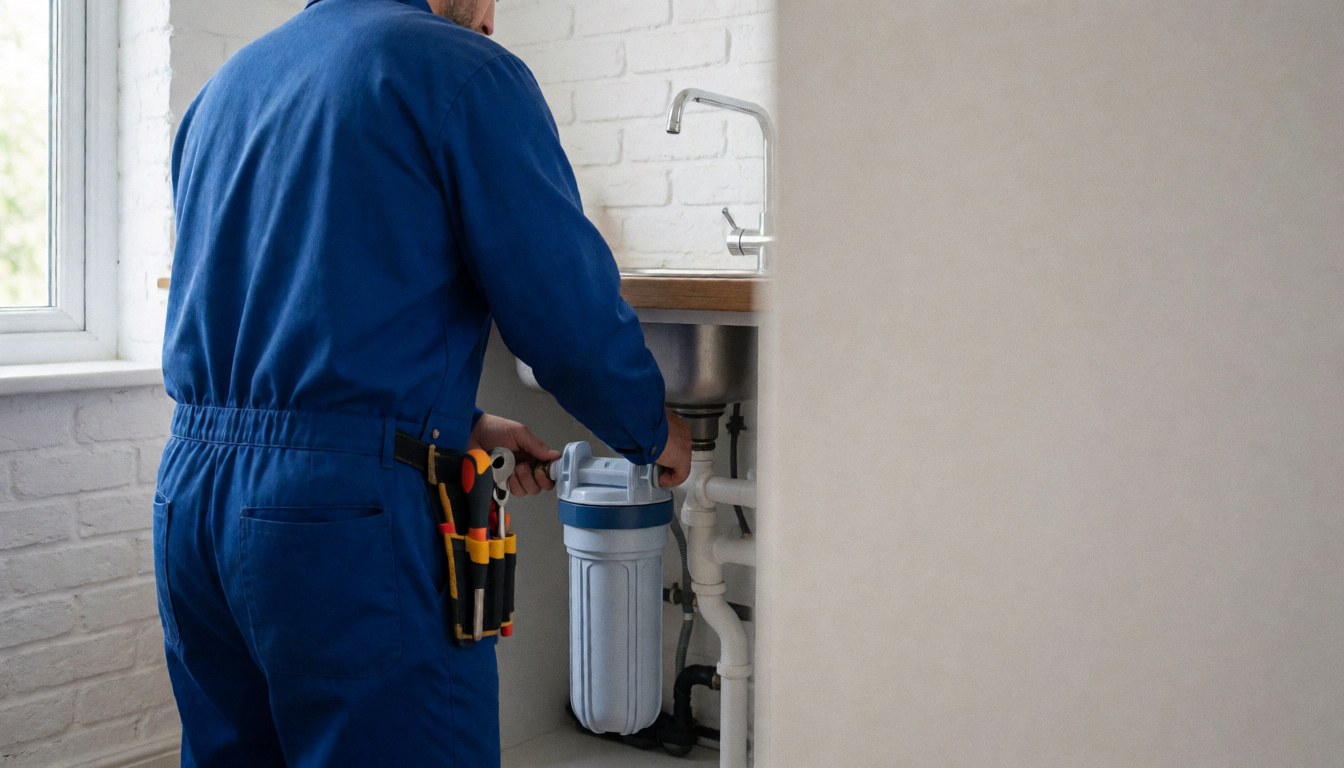 Un plombier en uniforme bleu installe un filtre à eau sous un évier en acier inoxydable, dans une cuisine avec un mur en briques blanches et une lumière naturelle.