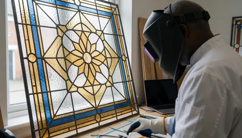 Artiste en verrerie travaillant sur un panneau de verre à motif géométrique dans un atelier baigné de lumière naturelle.