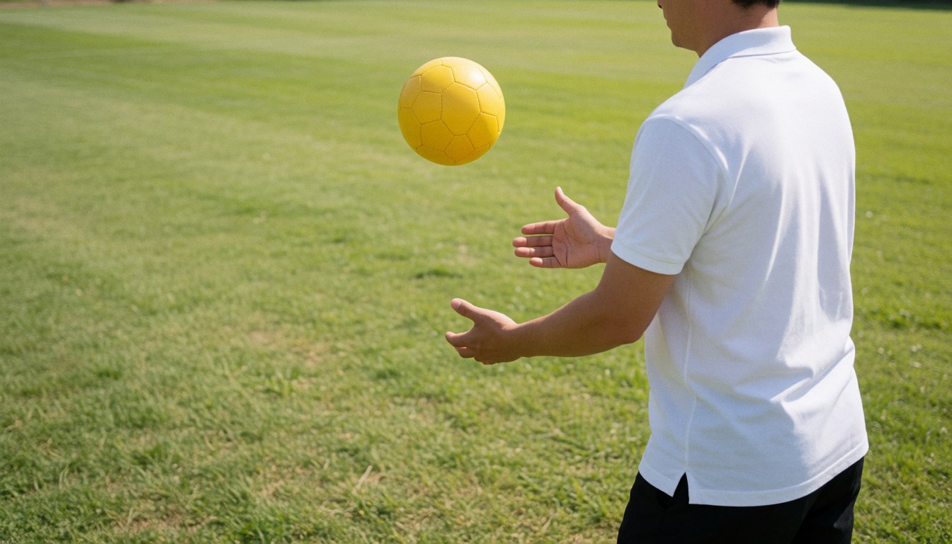 Entraîneur de football lançant une balle jaune sur un terrain d'herbe verte sous le soleil, idéal pour la couverture d'un site web de formation.