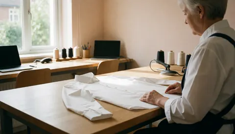 Une personne travaille sur une chemise blanche posée sur une table en bois dans un atelier bien éclairé par la lumière naturelle, avec du fil et un fer à repasser à proximité.