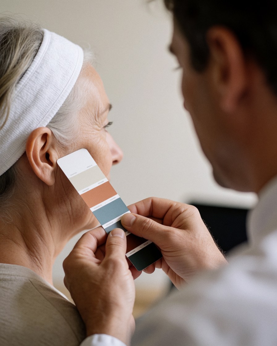 Un professionnel tient un nuancier de couleur près de la joue d'une cliente portant un bandeau dans un studio de microblading éclairé par la lumière naturelle.