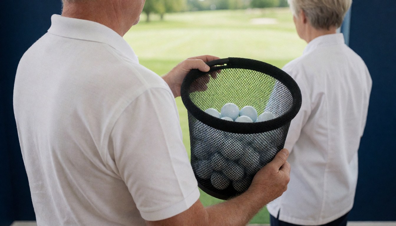 Un instructeur de golf tient un sac de balles sur un terrain, avec un étudiant en arrière-plan, idéal pour illustrer des services de golf.