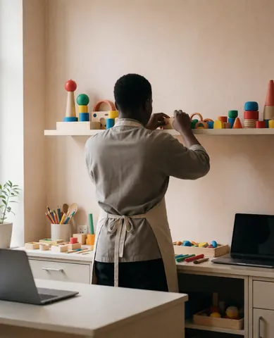 Un professeur d'espagnol range des jouets en bois sur une étagère dans un environnement propre et professionnel avec des ordinateurs portables sur fond beige.