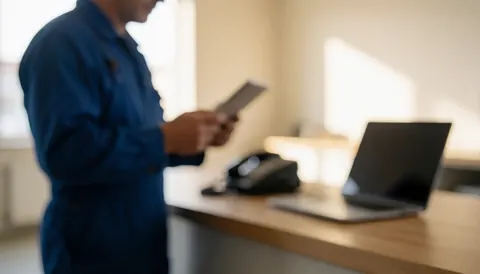 Mécanicien en combinaison bleue utilisant une tablette dans un atelier éclairé de lumière chaude, idéal pour illustrer des services de réparation professionnelle.
