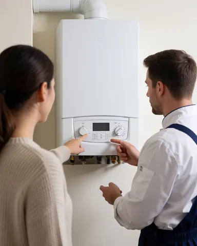 Un client et un technicien inspectent une chaudière à gaz blanche avec un panneau digital dans une pièce aux murs clairs, illustrant un service de chauffage en action.