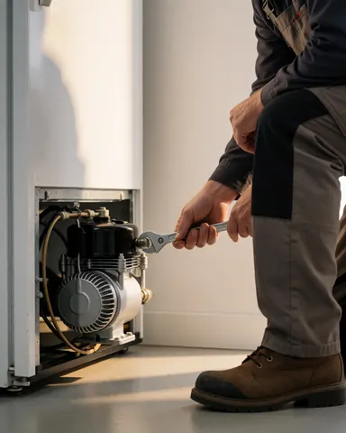 Technicien utilisant une clé à molette pour installer un compresseur sur un réfrigérateur, scène de réparation d'électroménager avec éclairage chaud et fond blanc.