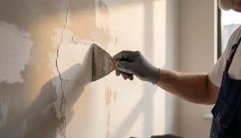 Un peintre applique du mastic avec une spatule sur un mur fissuré en réparation, éclairé par la lumière naturelle.