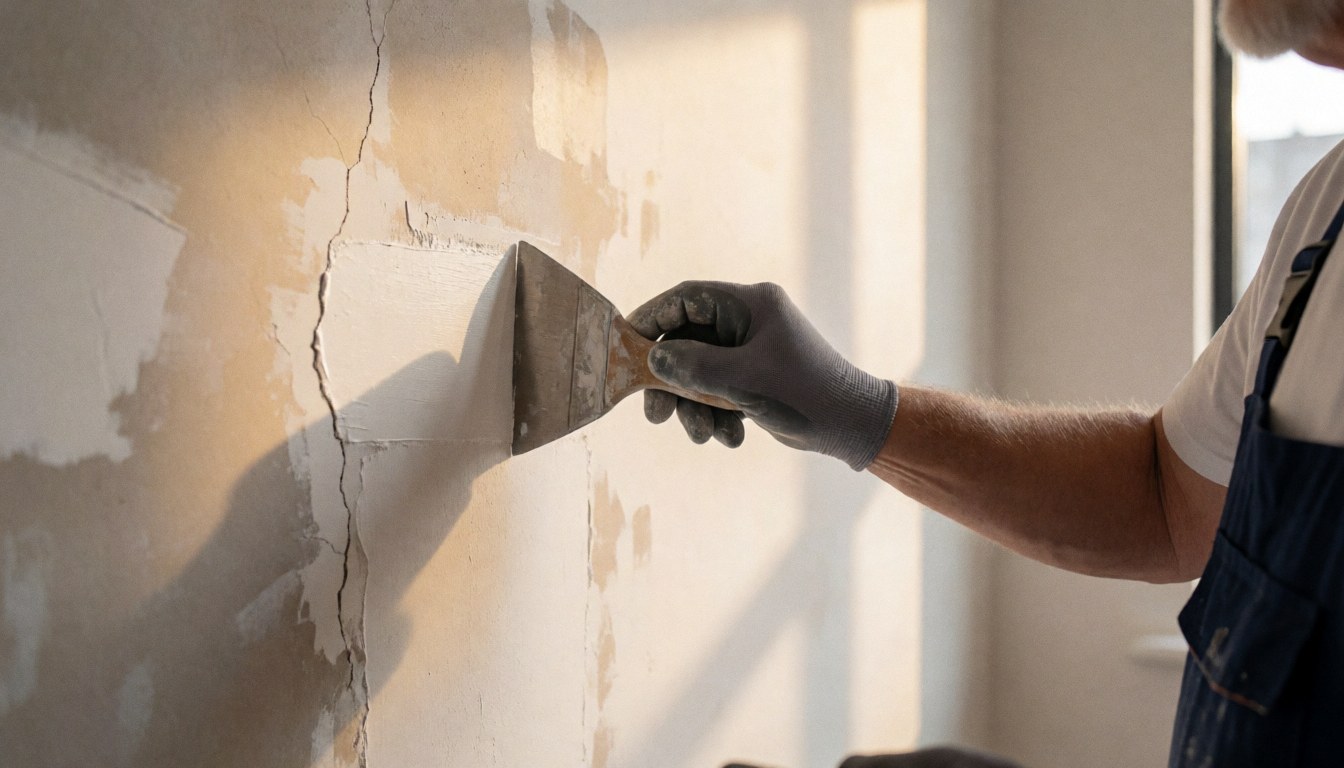 Un peintre applique du mastic avec une spatule sur un mur fissuré en réparation, éclairé par la lumière naturelle.