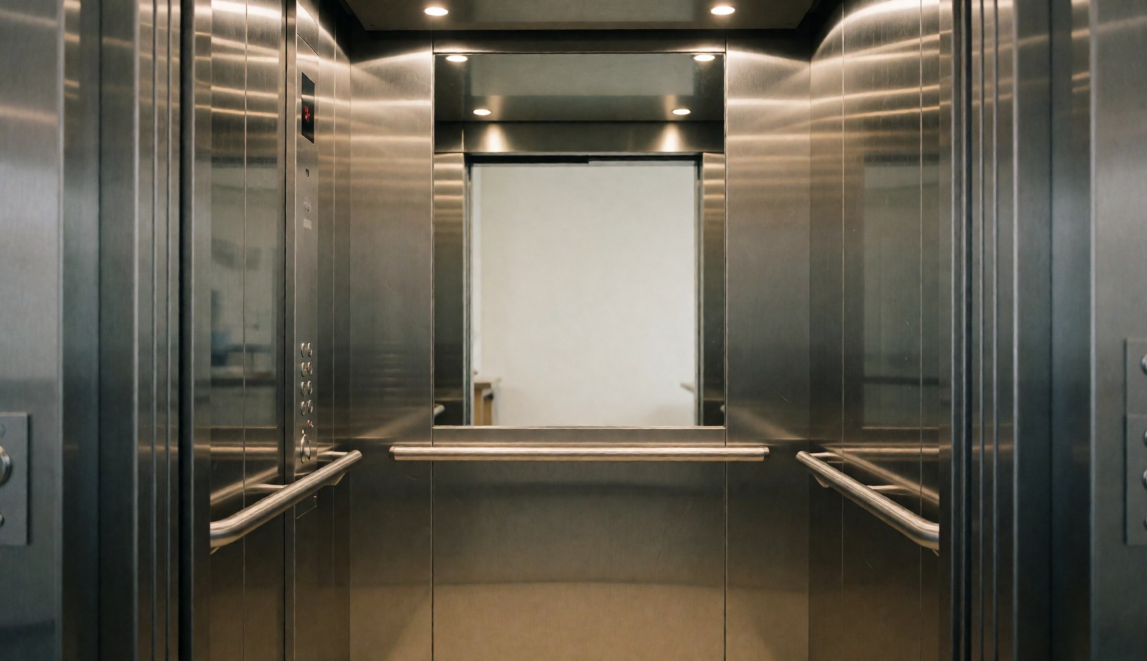 Vue intérieure d'un ascenseur moderne aux murs en acier inoxydable, avec barres métalliques et panneau de contrôle, adapté aux services de maintenance et réparation d'ascenseurs.