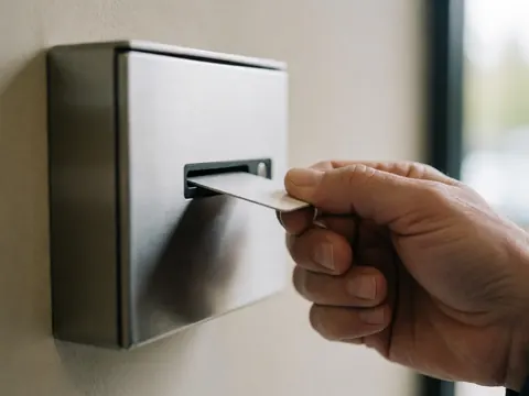 Gros plan d'une main insérant une carte d'accès dans un boîtier métallique fixé sur un mur beige, éclairé par une lumière naturelle.