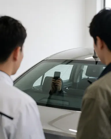Une cliente prend en photo la vitre arrière propre de son véhicule après un service de lavage. Le reflet du téléphone est visible ainsi que l'intérieur de la voiture et deux personnes observant le résultat.