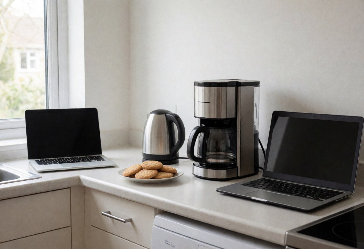 Cuisine d'un établissement de type bed and breakfast équipée d'une cafetière, d'une bouilloire, de biscuits et d'ordinateurs portables, baignée de lumière naturelle par la fenêtre.