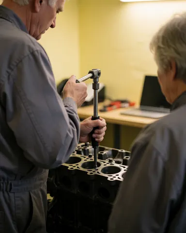 Un technicien ajuste un boulon sur un bloc moteur à l'aide d'une clé dynamométrique tandis qu'un client observe dans un atelier aux murs jaunes.