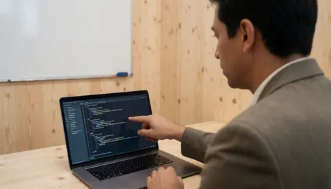 Un mentor indique du code sur un écran d'ordinateur portable dans un cadre de formation avec tableau blanc et mur en bois.