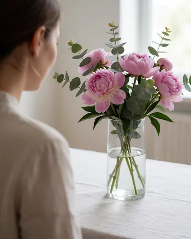 Une cliente regarde un arrangement floral avec des pivoines sur une table couverte d'une nappe blanche, baignée de lumière naturelle dans un intérieur élégant.