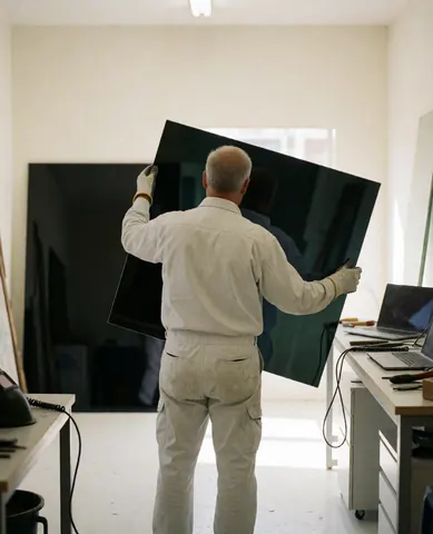 Un ouvrier en gants inspecte un panneau de verre sombre dans un atelier aux murs blancs et à la lumière naturelle, illustrant le travail de verrerie.