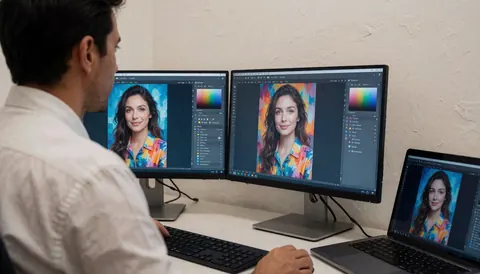 Un photographe professionnel modifie des portraits sur un logiciel de retouche installé sur deux moniteurs, dans un bureau épuré avec un mur de couleur chaude en arrière-plan.