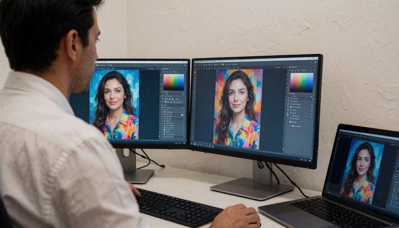Un photographe professionnel modifie des portraits sur un logiciel de retouche installé sur deux moniteurs, dans un bureau épuré avec un mur de couleur chaude en arrière-plan.