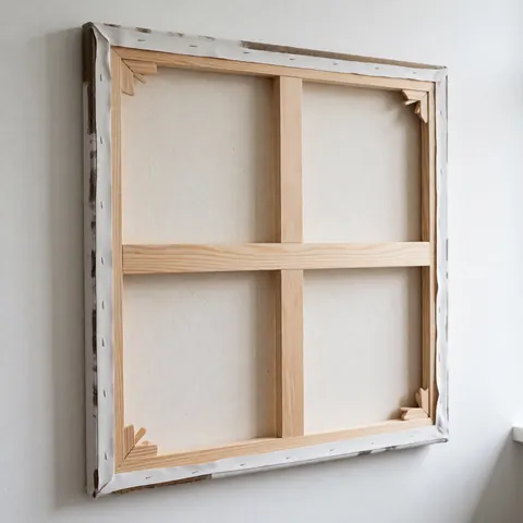 Toile vierge tendue sur un châssis en bois, suspendue contre un mur blanc, idéale pour une galerie d'art ou une décoration intérieure moderne et épurée.