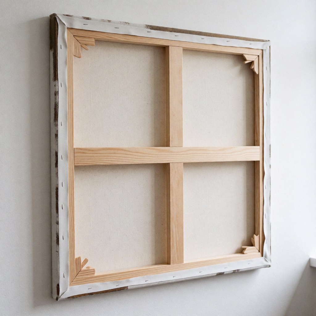 Toile vierge tendue sur un châssis en bois, suspendue contre un mur blanc, idéale pour une galerie d'art ou une décoration intérieure moderne et épurée.