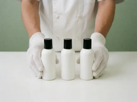 Des mains portant des gants blancs rangent trois pots cosmétiques blancs à couvercles noirs sur une surface blanche, avec un mur vert pâle en arrière-plan.