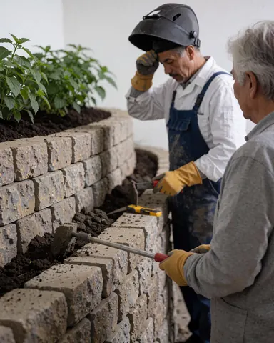 Un maçon portant un casque de soudage travaille sur un mur en pierre pendant qu'un client observe, avec des plantes sur la terrasse.