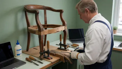 Un restaurateur de meubles travaille sur une chaise ancienne fixée sur un établi, entouré d'outils, de clous et de colle, dans un atelier aux murs verts éclairé par la lumière naturelle.