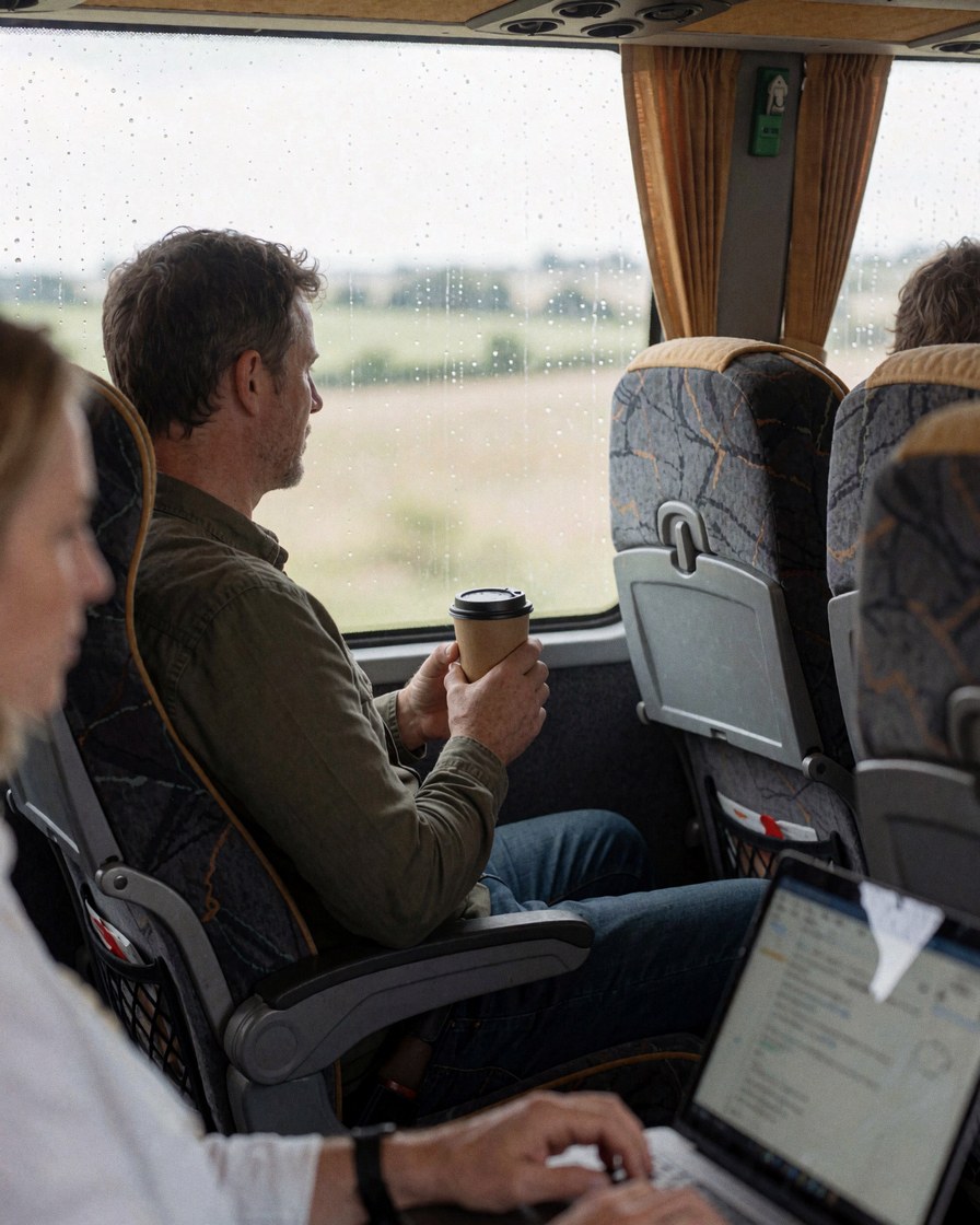 Un homme tenant une tasse de café observe le paysage par la fenêtre du train tandis qu'un autre passager travaille sur un ordinateur portable à côté.