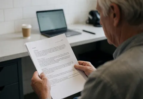 Un adulte lit un document dans un bureau avec un ordinateur portable et une tasse de café sur un bureau aux carreaux blancs.