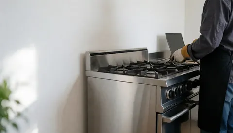 Technicien ganté effectuant une réparation sur une cuisinière à gaz dans une cuisine aux murs blancs et à la lumière naturelle.