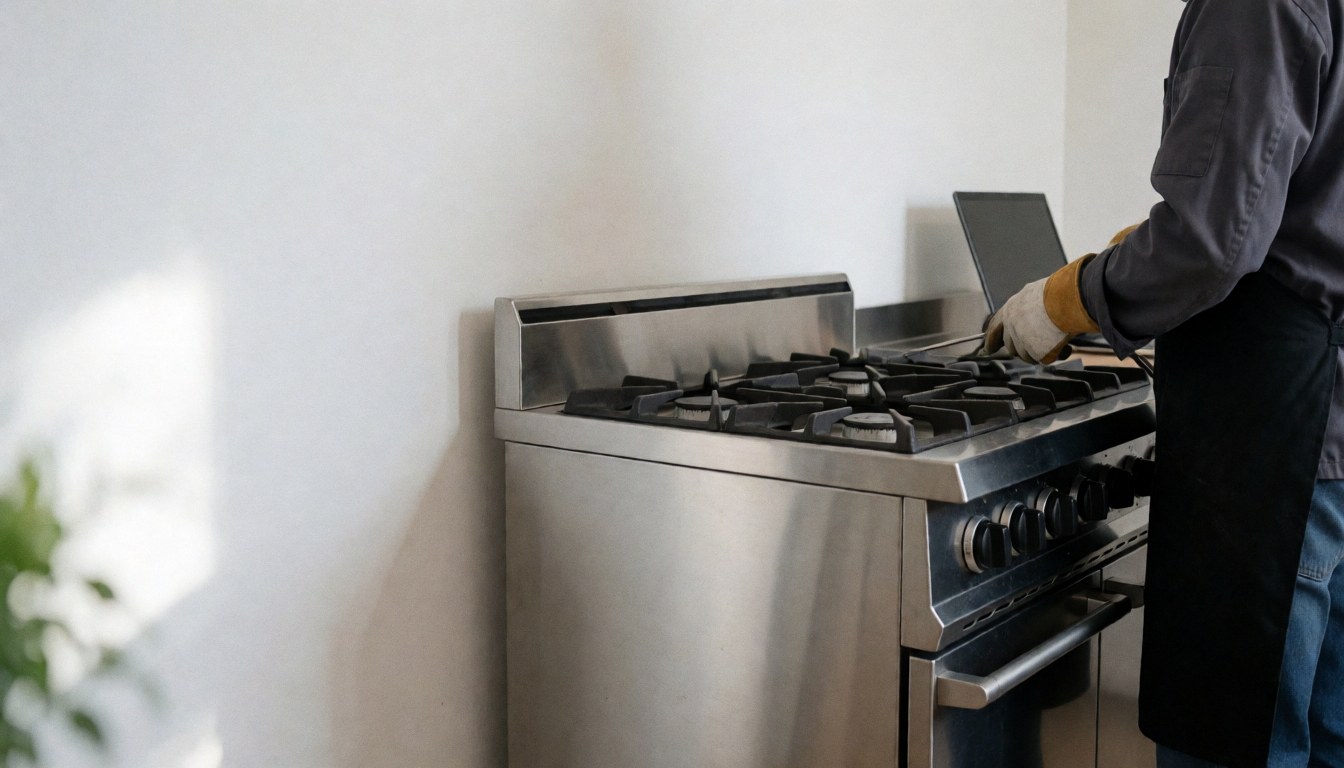 Technicien ganté effectuant une réparation sur une cuisinière à gaz dans une cuisine aux murs blancs et à la lumière naturelle.