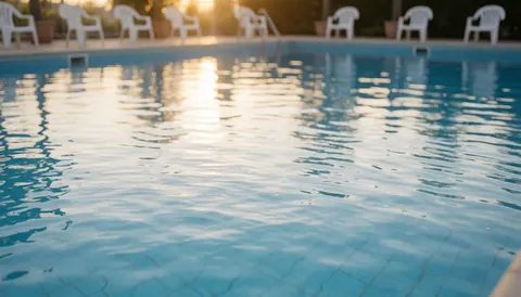 Eau bleue dans une piscine publique avec chaises blanches floues et lumière dorée du coucher de soleil, idéale pour textes.