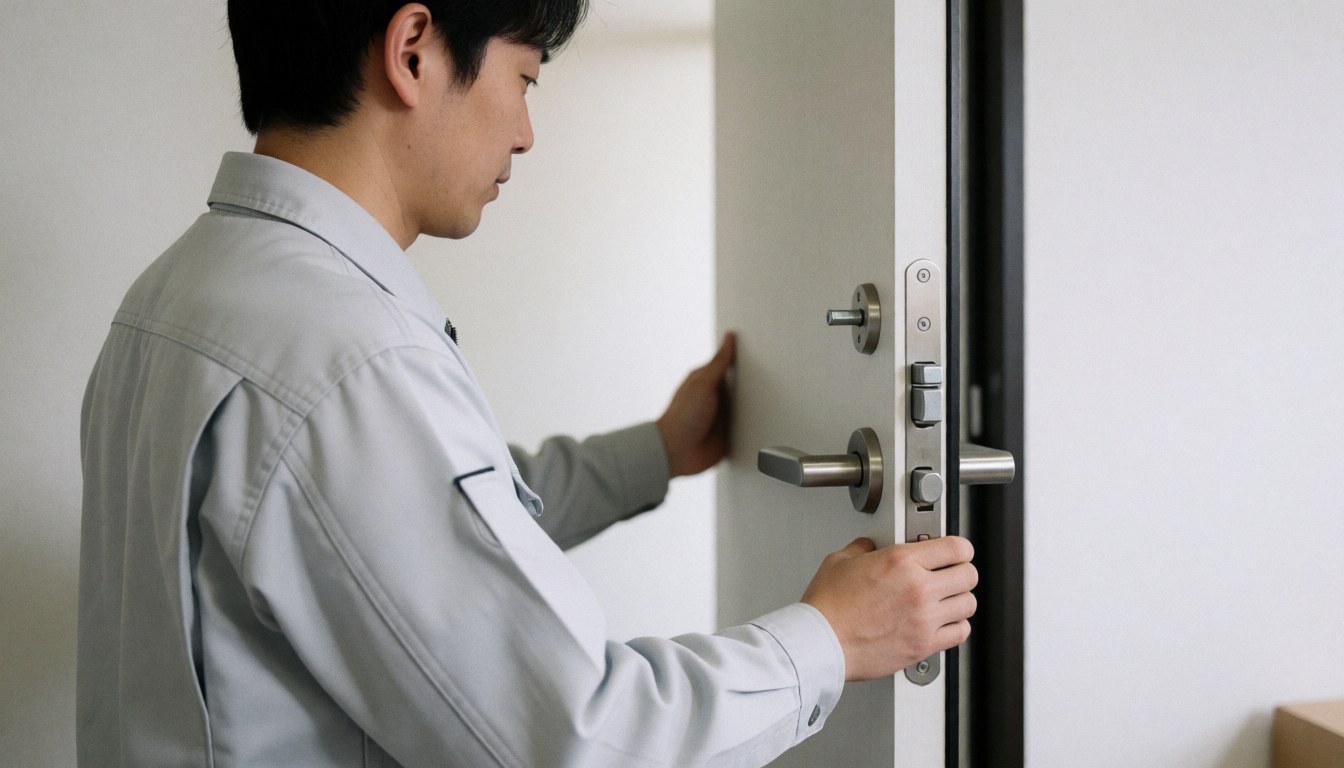 Un installateur professionnel ajuste le mécanisme de verrouillage d'une porte métallique dans un atelier aux murs blancs.