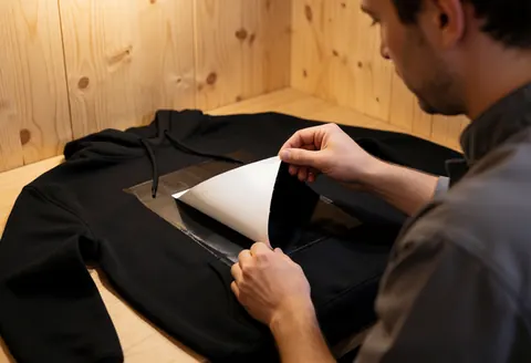 Un technicien travaille sur un design imprimé sur un sweat-shirt noir posé sur une table en bois, éclairage chaleureux et fond en panneaux de bois clair.