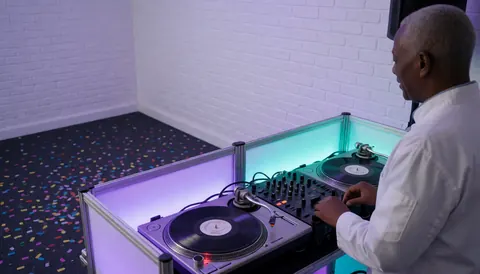 DJ professionnel mixant de la musique dans une cabine éclairée par des lumières LED violettes et bleues, avec des confettis au sol, idéal pour une page d'accueil de site web.