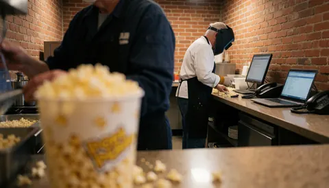 Deux employés préparent du pop-corn dans un stand aux murs de briques avec des ordinateurs sur le comptoir.