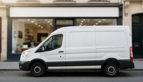 Un camion blanc stationné devant une boutique avec un arrière-plan flou, idéal pour ajouter du texte commercial ou des informations promotionnelles sur une image.