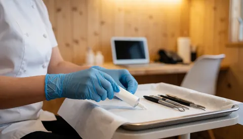 Professionnel posant une crème anesthésique sur un plateau stérile d'instruments dans un salon de dermoabrasion aux murs clairs.