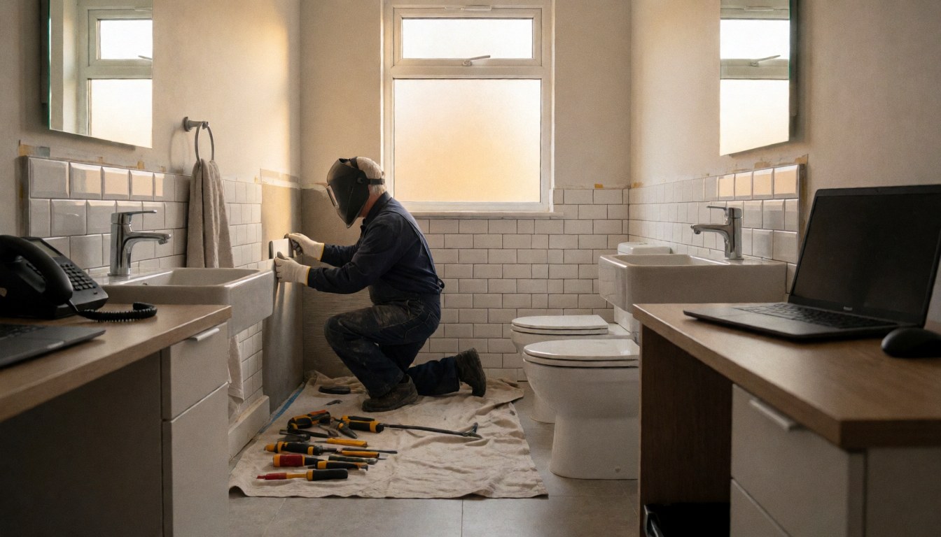 Un carreleur pose des carreaux blancs dans une salle de bain moderne, entouré d'outils et baigné d'une lumière chaude provenant d'une fenêtre.