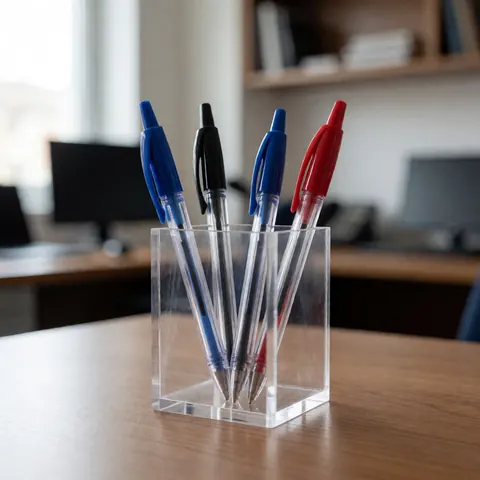 Stylos bleus, noirs et rouges posés sur un support en acrylique transparent, sur une table en bois avec un fond de bureau éclairé par la lumière naturelle.