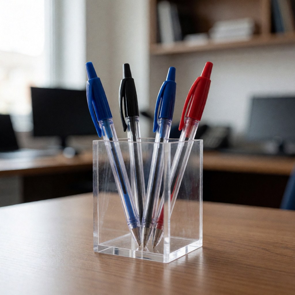 Stylos bleus, noirs et rouges posés sur un support en acrylique transparent, sur une table en bois avec un fond de bureau éclairé par la lumière naturelle.